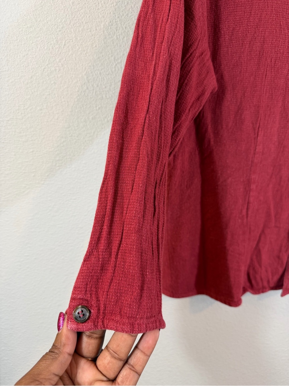CP Shades Button Down Shirt Size L Burgundy Wine Red Boxy 3/4 Sleeve Lagenlook - Picture 2 of 7